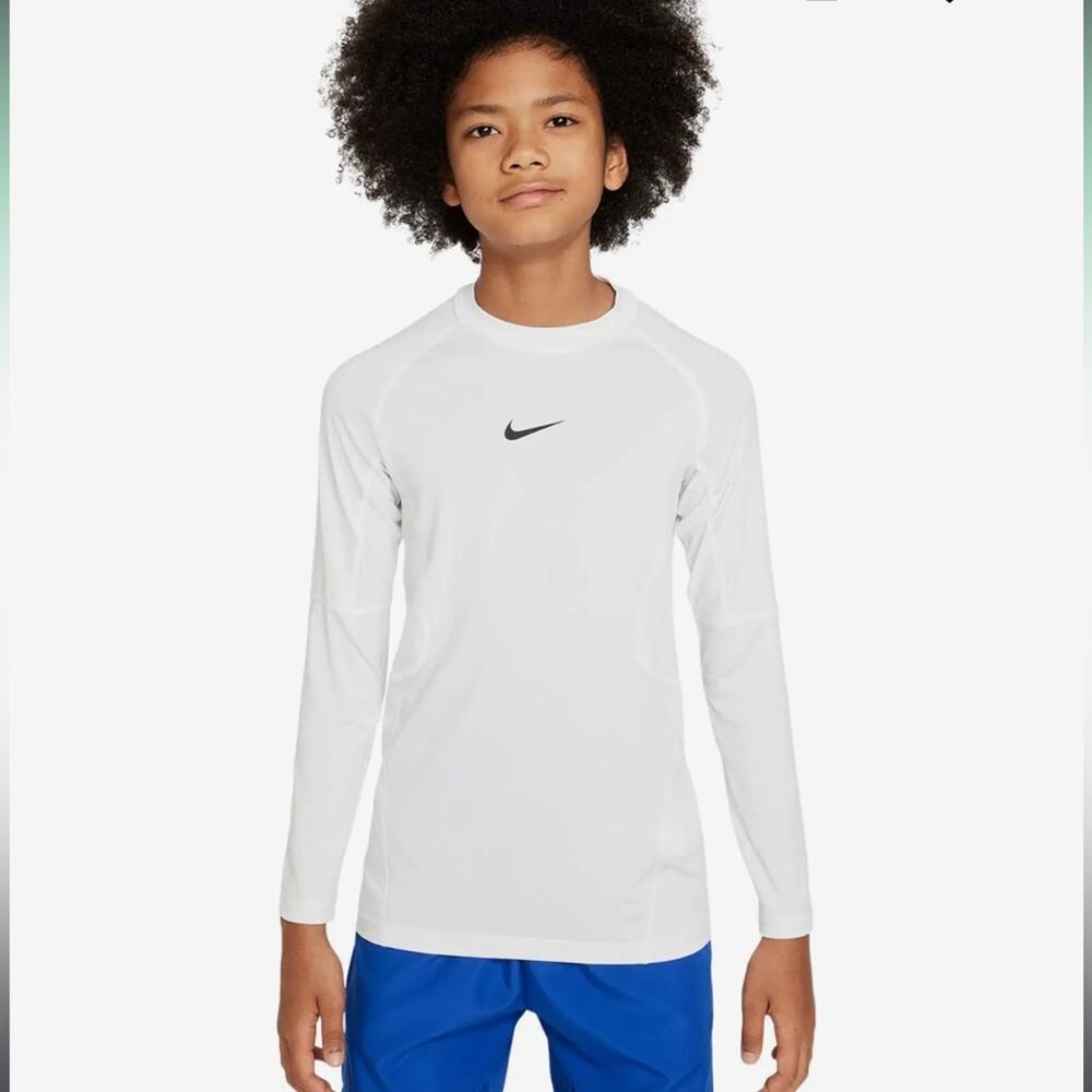 Nike Pro Big Kids' Dri-FIT Long-Sleeve Crewneck Tee White medium